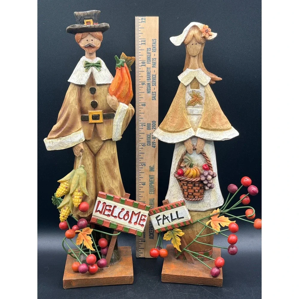 Vtg Pilgrim Couple Thanksgiving Figurines Welcome Fall Harvest Decor 12